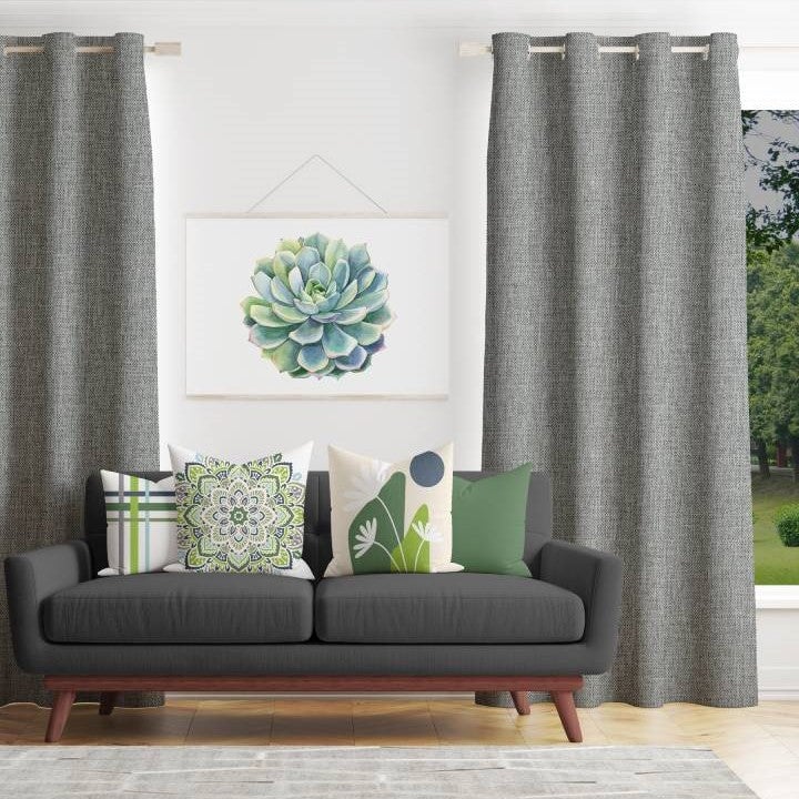Accent Color 25H Bottom Left Flower Art with 3 Line Plaid, Indian Motif and Mountain Flower Pillow Set, Grey Shay Curtain & Engage Couch 2