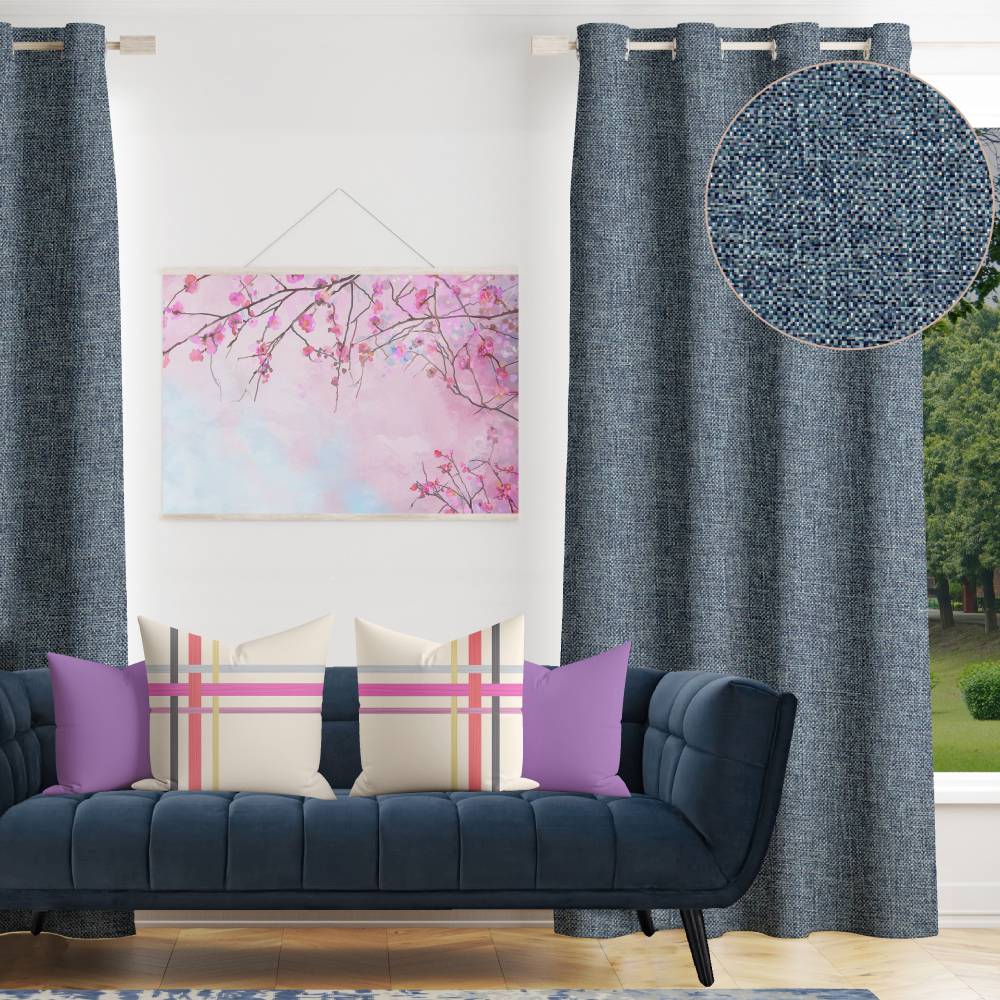 Shay - Blue Decor Recipe: Textured Drapes With 4 Pillows, Art & Sofa Options