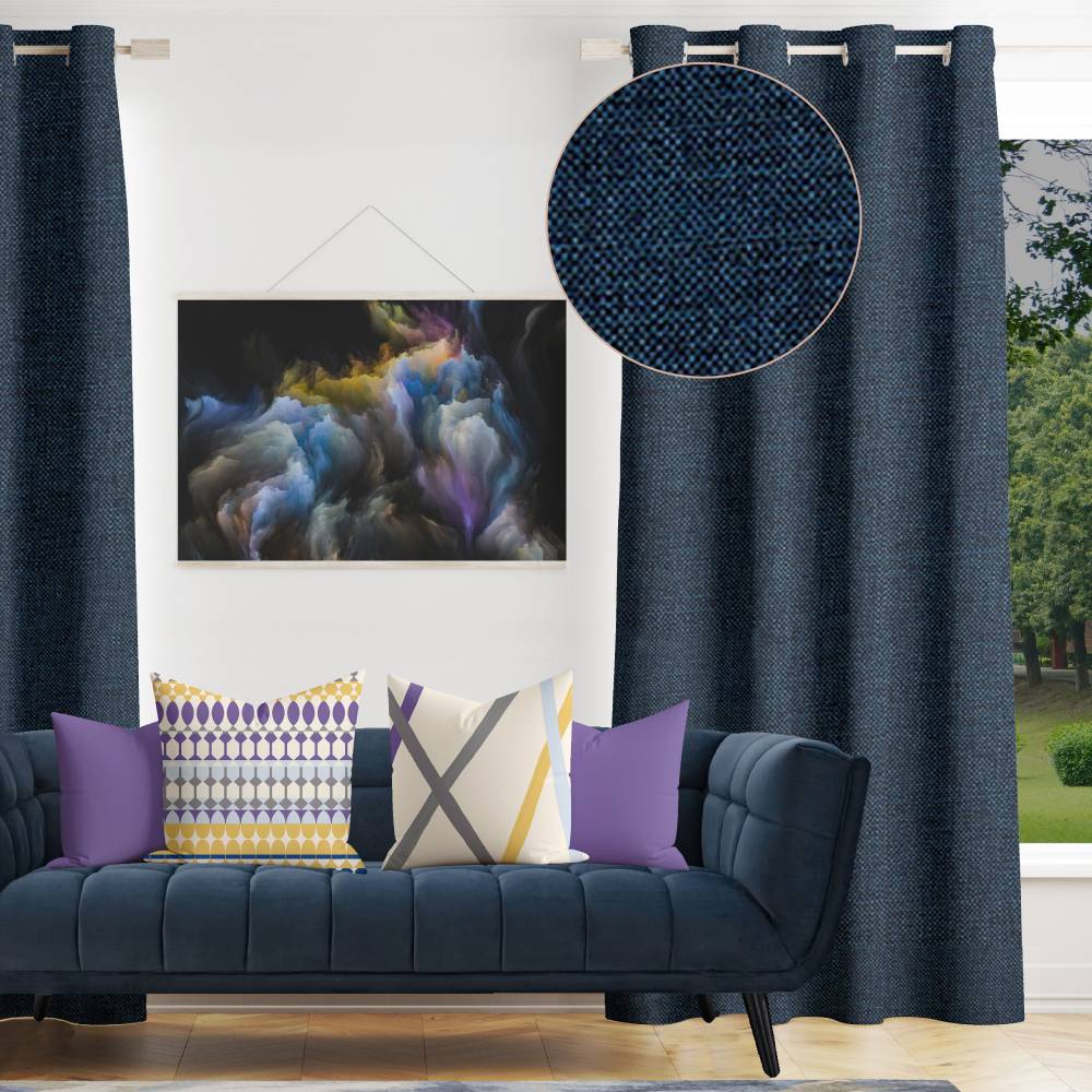 Shay - Navy Decor Recipe: Textured Drapes With 4 Pillows, Art & Sofa Options - Ringtop