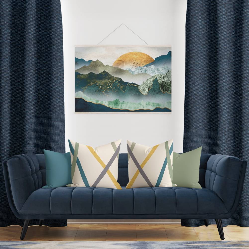 Shay - Navy Decor Recipe: Textured Drapes With 4 Pillows, Art & Sofa Options - Ringtop