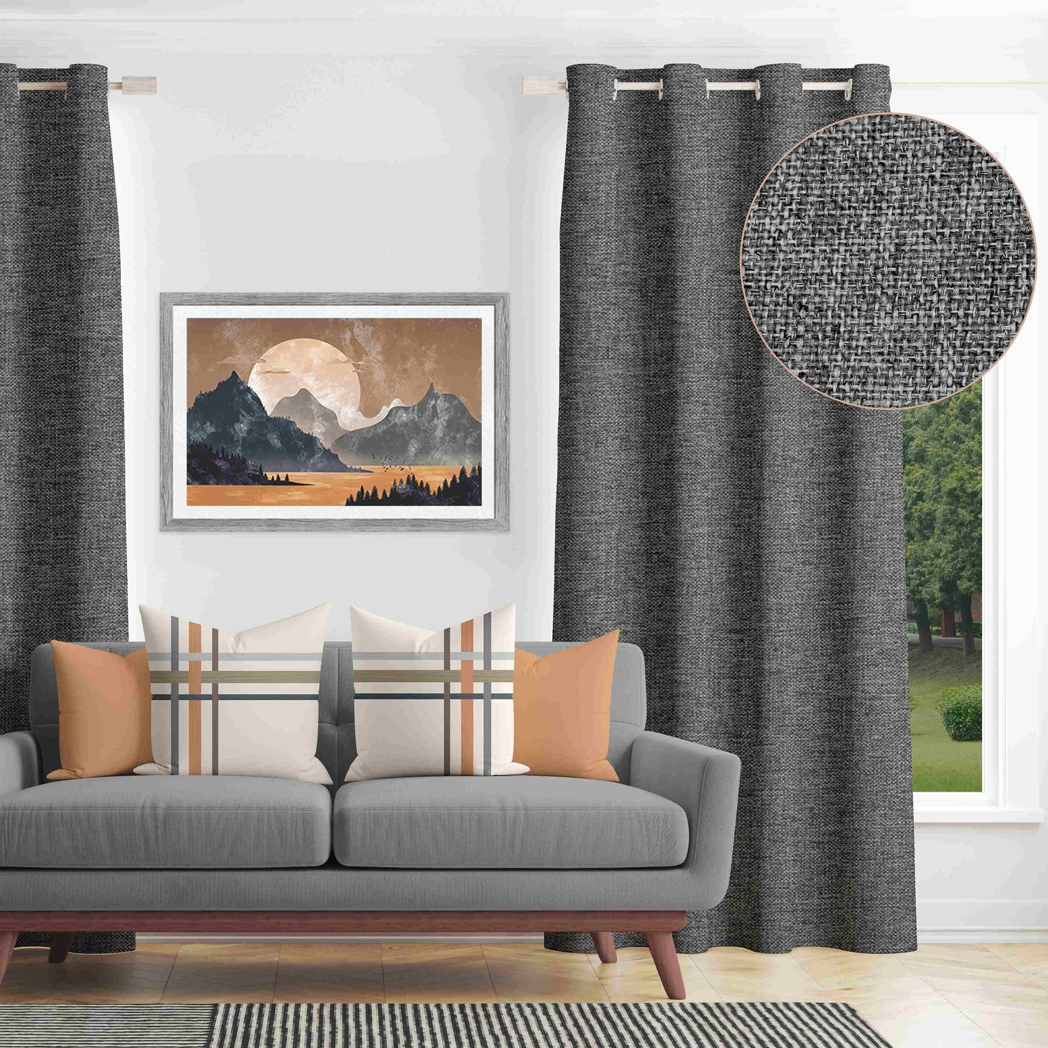 Shay - Charcoal Decor Recipe: Textured Drapes With 4 Pillows, Art & Sofa Options