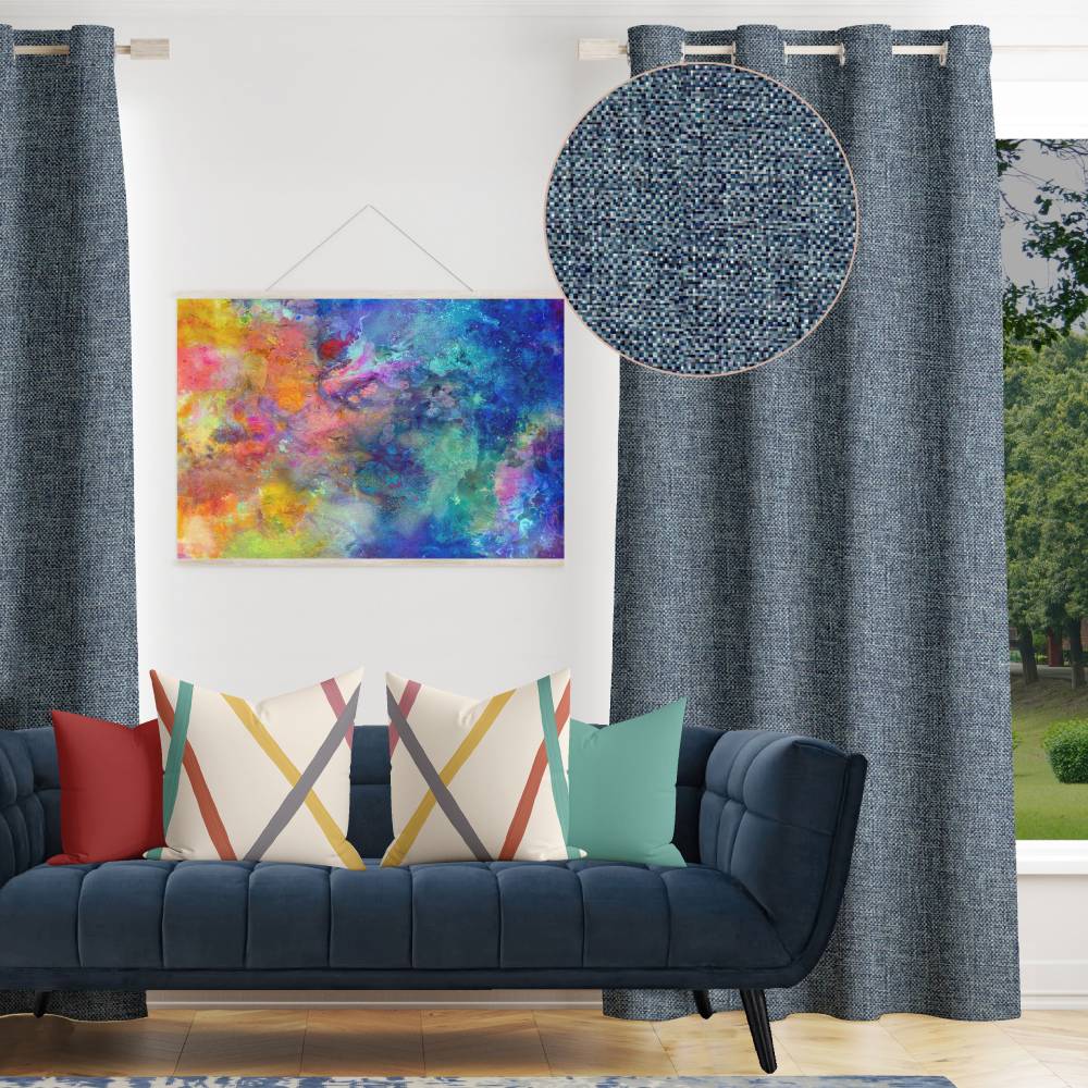 Shay - Blue Decor Recipe: Textured Drapes With 4 Pillows, Art & Sofa Options - Ringtop