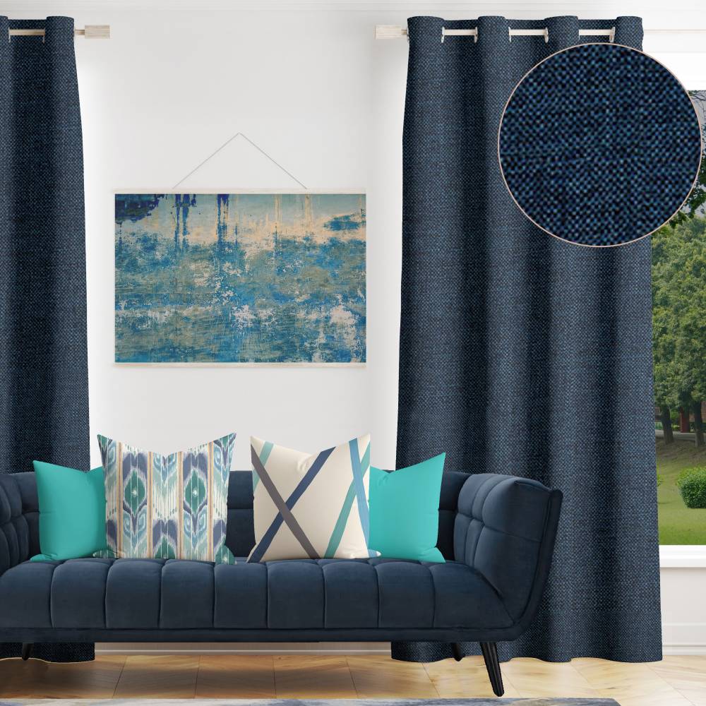 Shay - Navy Decor Recipe: Textured Drapes With 4 Pillows, Art & Sofa Options - Ringtop