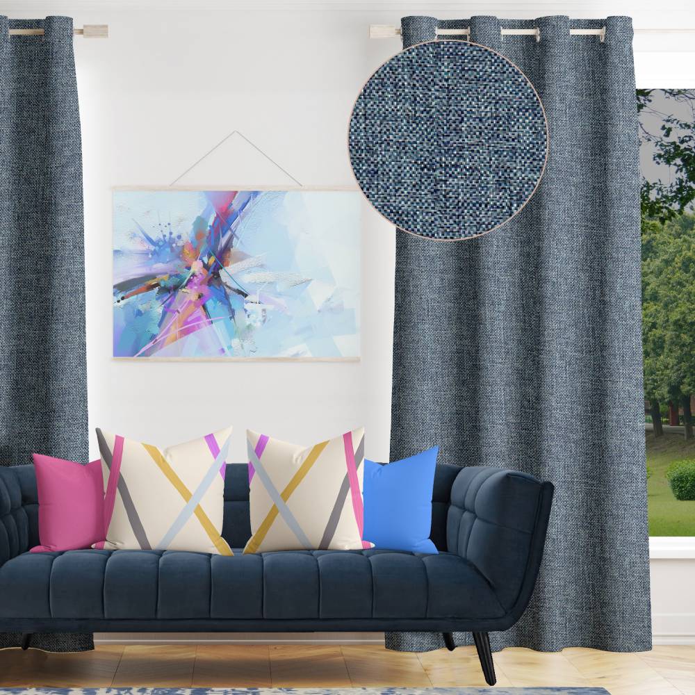 Shay - Blue Decor Recipe: Textured Drapes With 4 Pillows, Art & Sofa Options - Ringtop