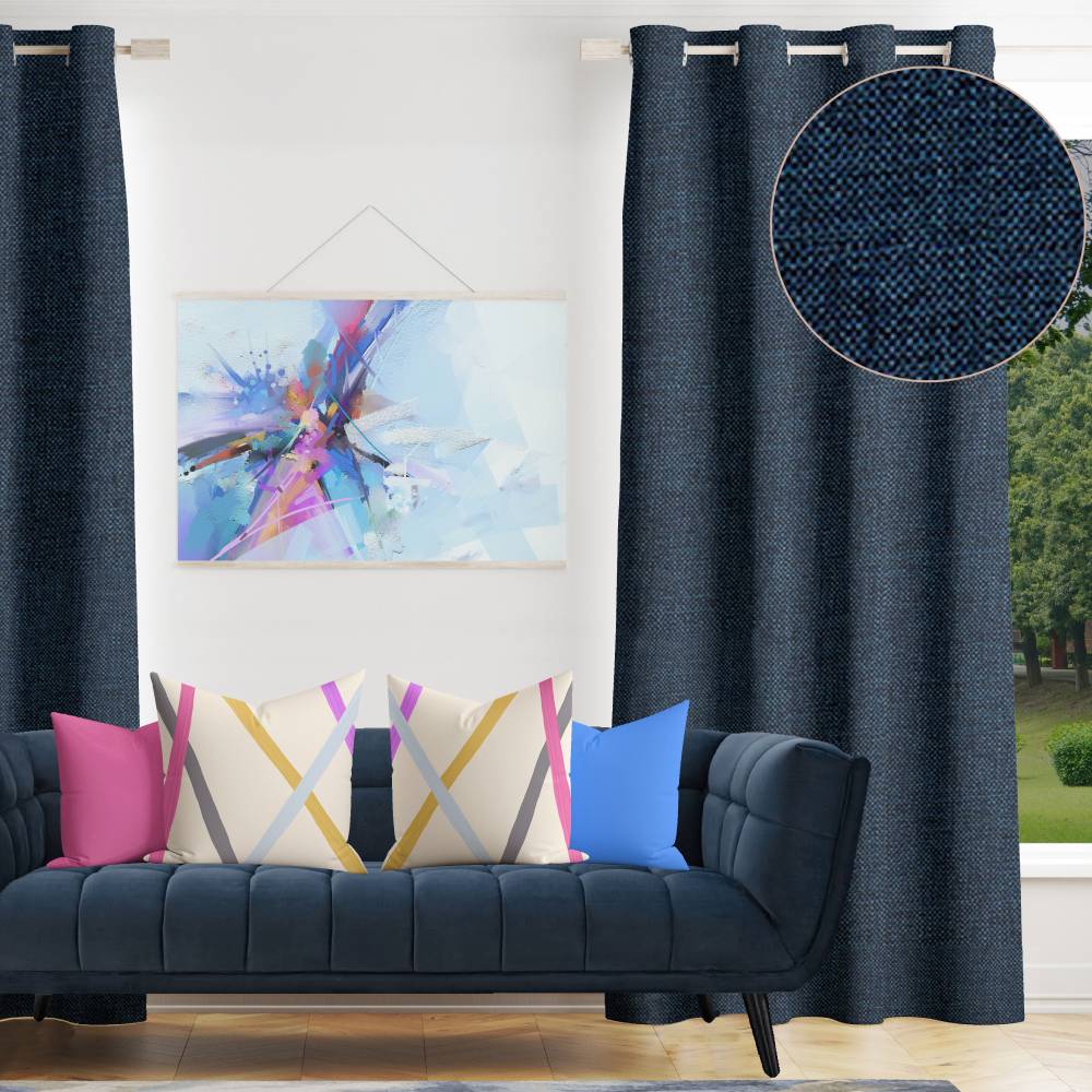 Shay - Navy Decor Recipe: Textured Drapes With 4 Pillows, Art & Sofa Options - Ringtop