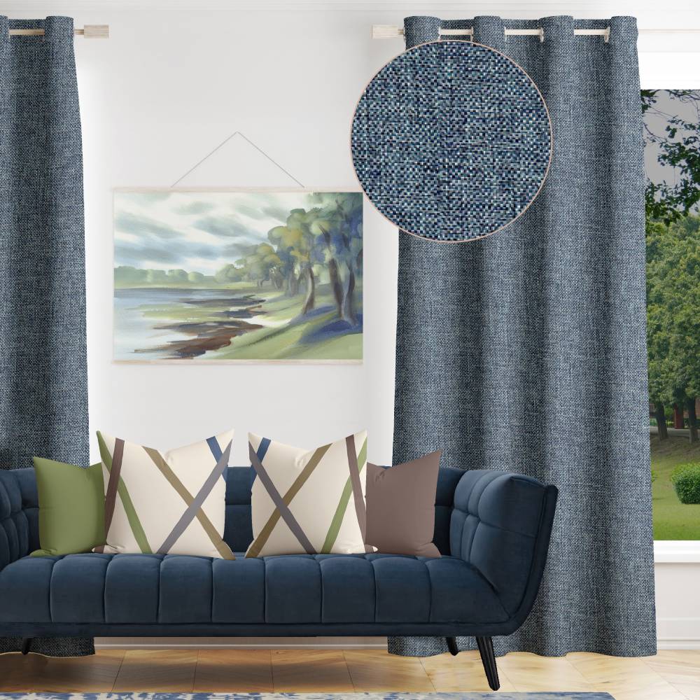 Shay - Blue Decor Recipe: Textured Drapes With 4 Pillows, Art & Sofa Options - Ringtop