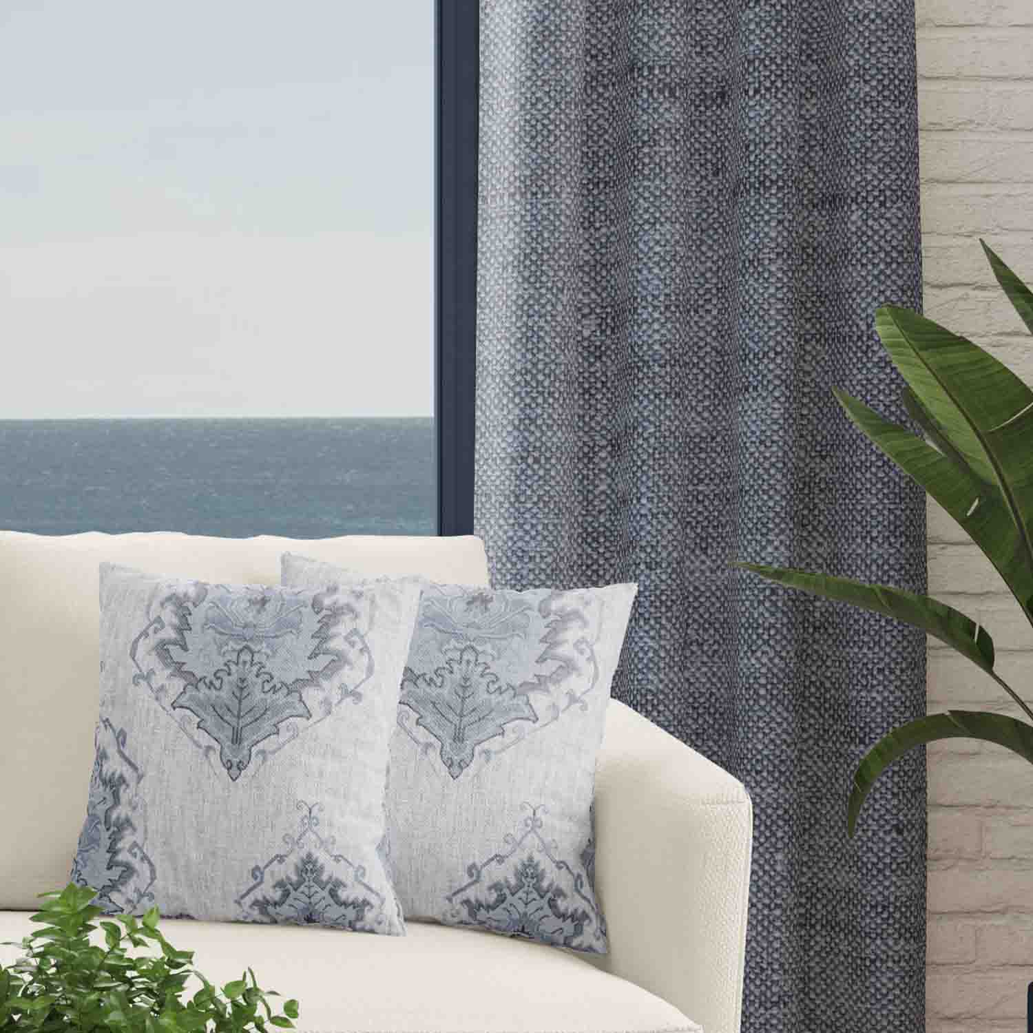 Decorator's Favorite Navy Drapery & Pillow Bundles - Gemma Navy Blue/Light Blue & Dark Blue Denim Indigo Textured Linen Curtain Pair with Pair Mia Linen Pillows