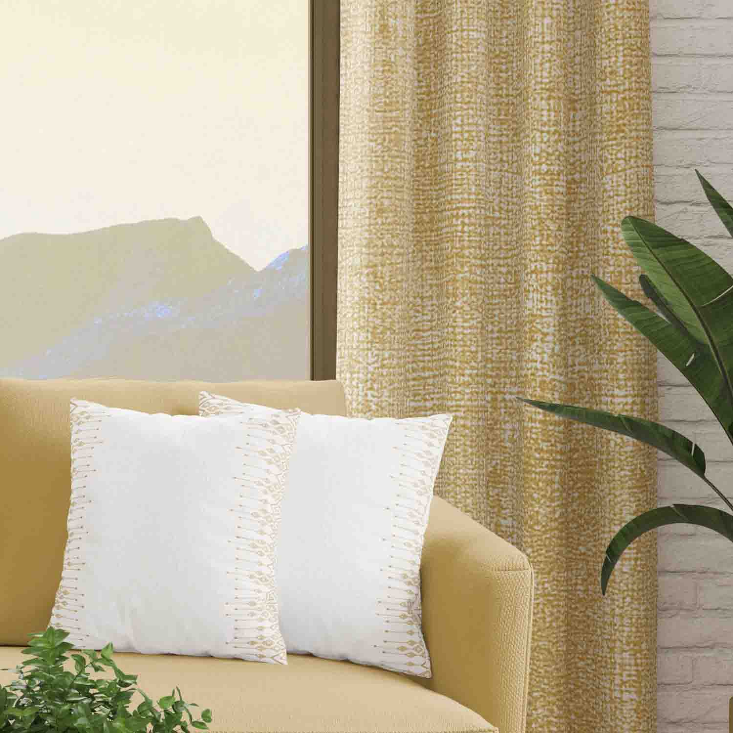 Decorator's Favorite Gold Drapery & Pillow Bundles - Uma Yellow Gold & Mustard Curtain Pair with Pair Ace Border Pillows