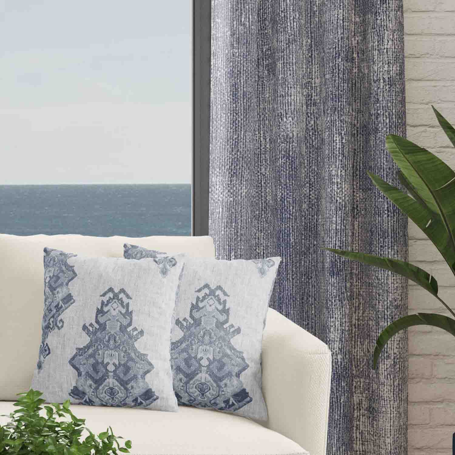 Decorator's Favorite Blue Drapery & Pillow Bundles - Uma Light Blue & Blue Denim Indigo Curtain Pair with Pair Eve Linen Pillows