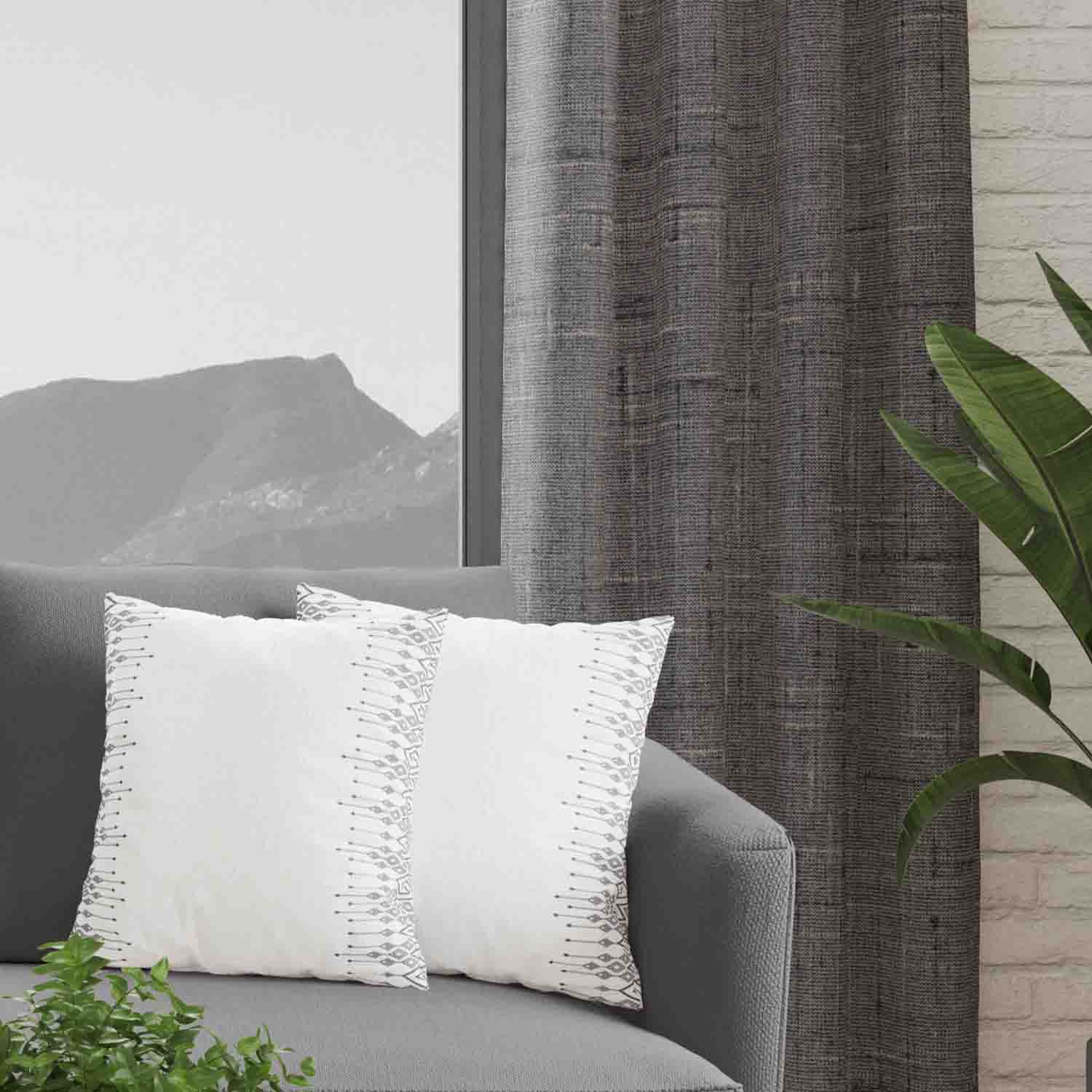 Decorator's Favorite Grey Drapery & Pillow Bundles - Zara Black/Gray & Charcoal & Dark Gray Textured Linen Curtain Pair with Pair Ace Border Pillows